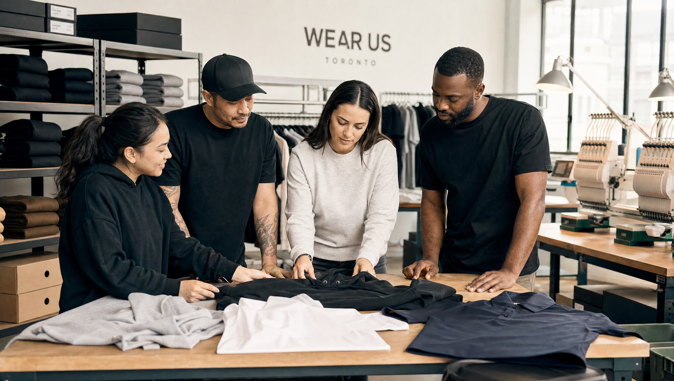 Print and embroidery team checking decorated apparel production details