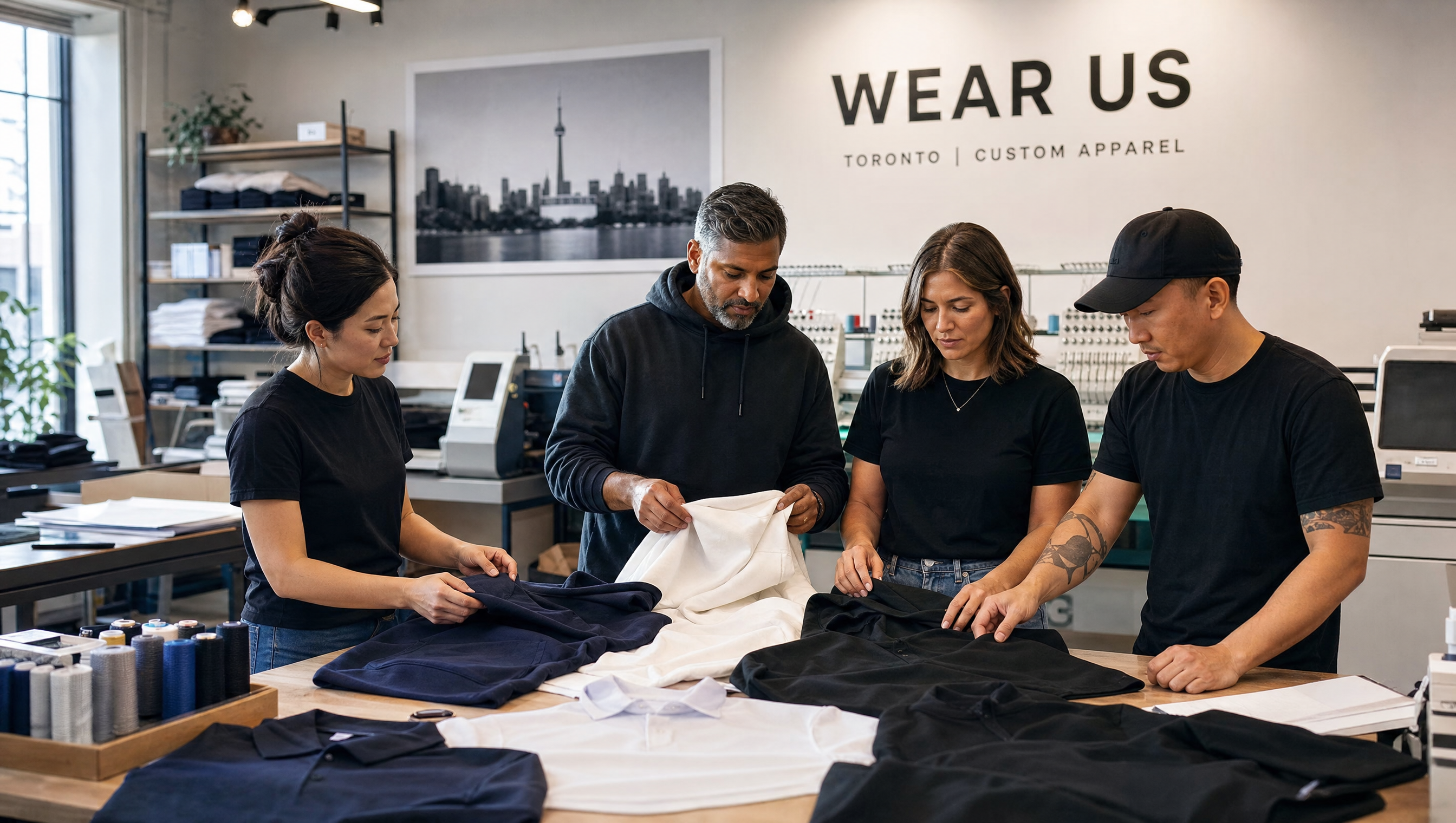 Custom apparel studio team preparing blank garments for decoration