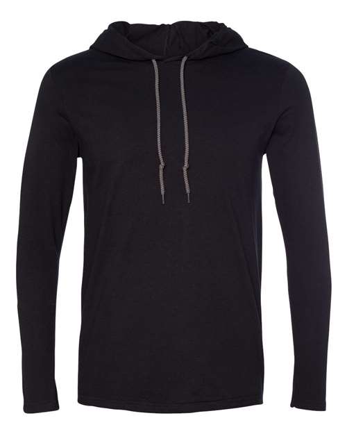Unisex Softstyle® Lightweight Hooded Long Sleeve T-Shirt — Black/ Dark Grey (front)