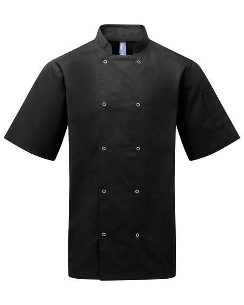 Unisex Ten Studded Front Short Sleeve Chef Coat — Black (front)