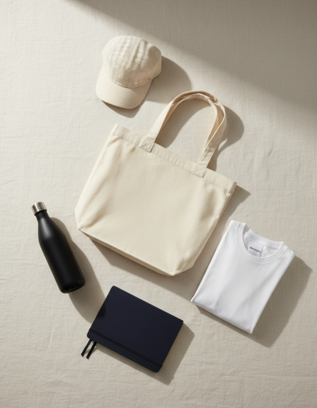 Corporate welcome kit flat lay with apparel and desk accessories
